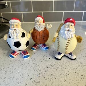 3 Vintage Sports Santa Christmas Bobblehead Figurines Soccer Baseball Basketball